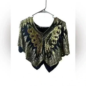 Vintage 80s Core Silk Sequin Butterfly Top Black & Gold One Size
